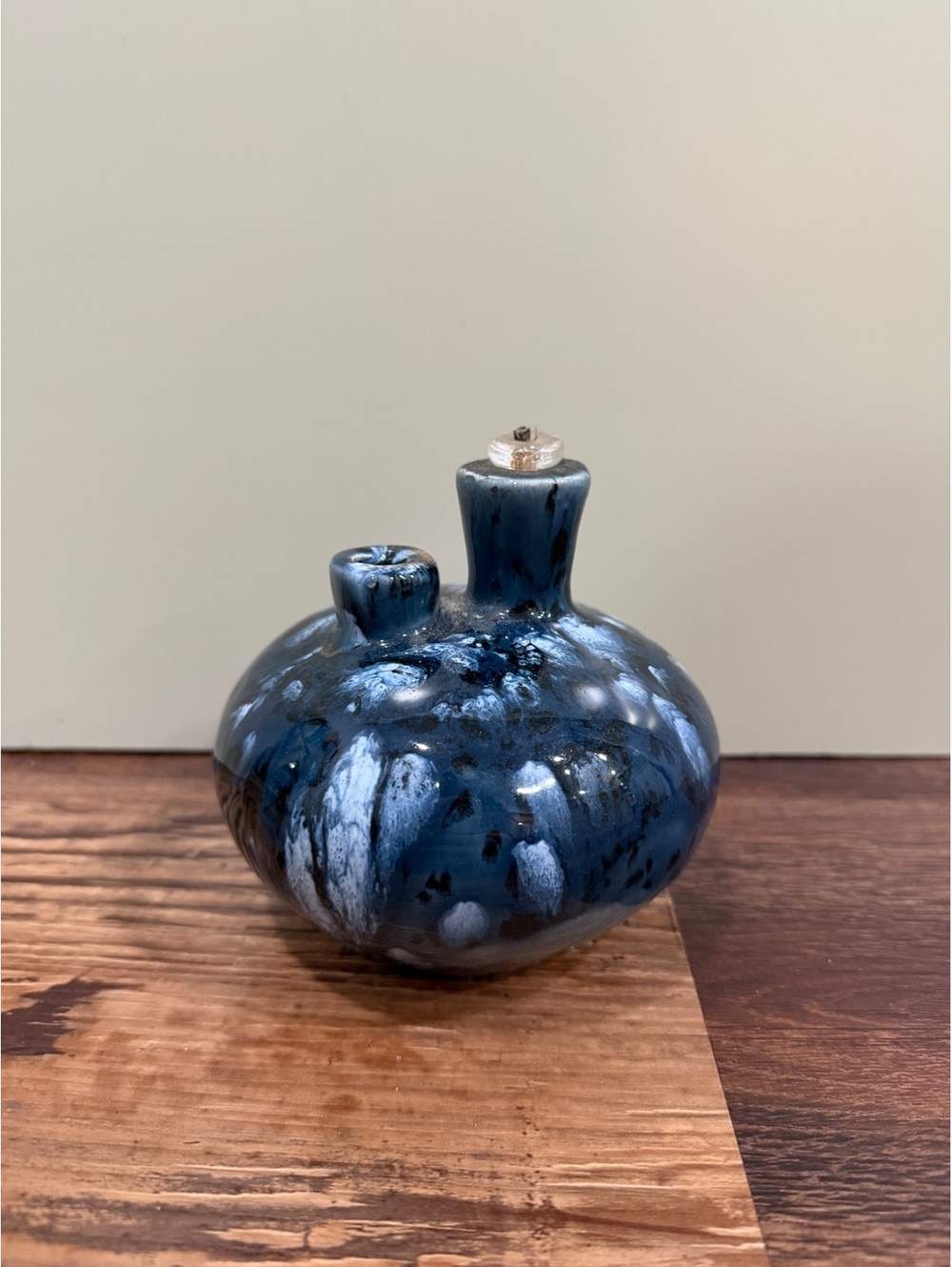 Signed Blue Pottery Oil Lamp